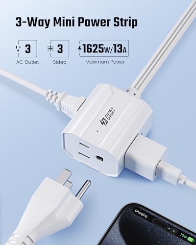 Short Extension Cord 3Ft, SUPERDANNY Mini Flat Plug Power Strip, 13A Indoor - Image 3