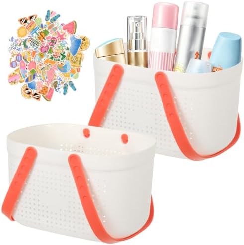 2 Pack Sunscreen Pool Storage Buckets - 9.4" x 6.7" x 5.9" Plastic Summer Beach Basket Poolside Box Container with Handle and DIY Stickers for Sunblock Sunglasses Towels Accessories by HFYZZ
