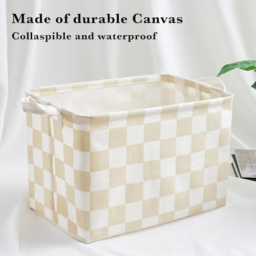Ohocut Beige White Checkered Canvas Basket, Rectangular Organizing Decorative Storage Basket for Kids Dog Toy, Cute Aesthetic Race Cars Boy Room Decor for Home, Kitchen, Bedroom, Classroom, Shelves - Image 6