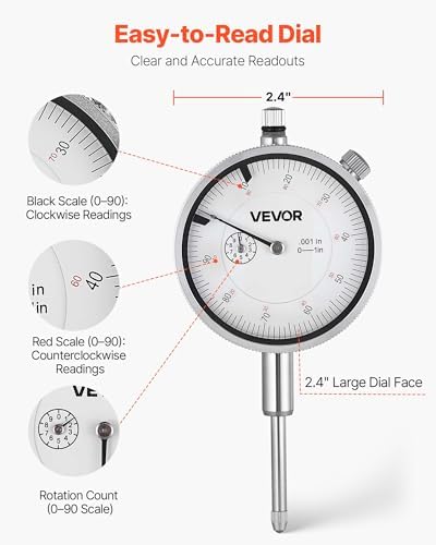 VEVOR Dial Test Indicator, 0.001 inch Accuracy, 0-1 inch Measuring Range, Easy to Read Large Dial, Professional for Internal Diameter Measurement, Runout Detection, Flatness Inspection - Image 4