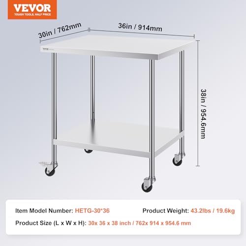 VEVOR Stainless Steel Work Table 30 x 36 x 38 Inch, with 4 Wheels, 3 Adjustable Height Levels, Heavy Duty Food Prep Worktable for Commercial Kitchen Restaurant, Silver - Image 3