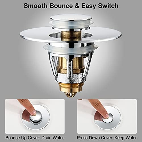 Universal Bathroom Sink Stopper - Stainless Steel Bounce Drain Filter, Pop Up Drain Stopper, Bullet Core Push Type Sink Stopper for Wash Basin, Sink Drain Plug with Anti-Clogging Strainer, Chrome - Image 6