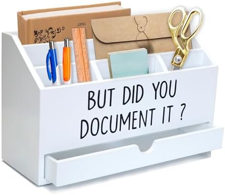 EXQUIDECA Wooden White Rustic Countertop Mail Storage Holder with Drawer and Compartments - Office Desk Accessories and Workspace Organizers - Desktop Sorter for Pen Stationery Letter Files Documents - Image 6