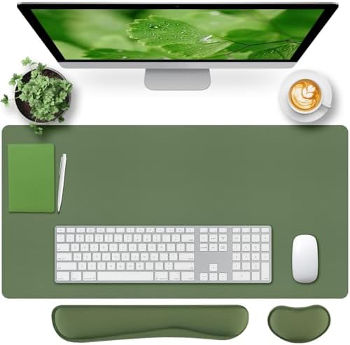 Bloss Keyboard Wrist Rest + Mouse Wrist Rest + Leather Desk Mat, Non-Slip Desk Mat Protector for Office, Home(31.5×15.7 Inches,Olive Green) by Bloss