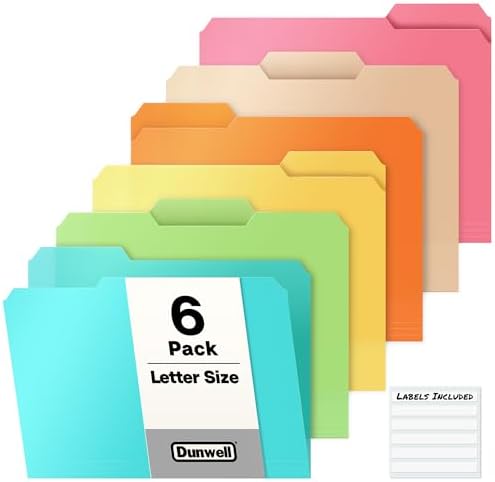 Dunwell Plastic File Folders, 1/3 Tab, Letter Size Documents, 6 Pack by Dunwell