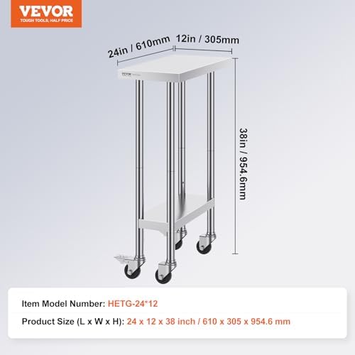 VEVOR Stainless Steel Work Table 24 x 12 x 38 Inch, 500 LBS Load Capacity with 4 Wheels, 3 Adjustable Height Levels, Heavy Duty Food Prep Worktable for Commercial Kitchen Restaurant, Silver - Image 3