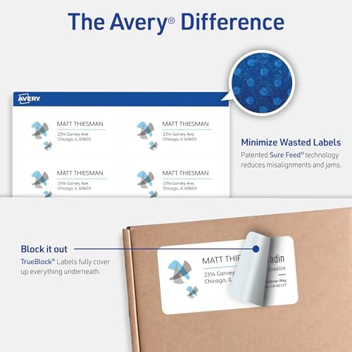 Avery Printable Shipping Labels with Sure Feed, 2" x 4" Customizable Stickers, White, 250 Blank Mailing Labels, Great for Mailing, Shipping, and More (5263) - Image 2