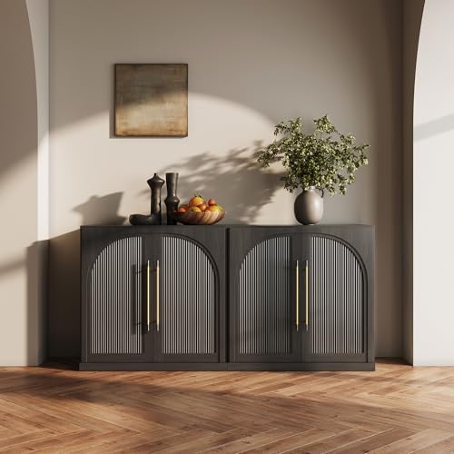 BELLEZE 3 Tier Bookshelf with Double-Arc Door, Set of 2 Modern Bookcase Shelf with Storage and Adjustable Shelves, 65'' Arched Buffet Wood Bookshelves for Living Room Office Entryway (Ebony) by BELLEZE