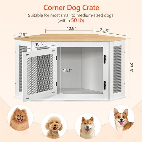 MAHANCRIS Corner Dog Crate Furniture, Wooden Dog Kennel End Table, Decorative Pet Crate Indoor Use, Furniture Style Dog House for Small Medium Dog, Dog Cage TV Stand, White and Natural DCBN0801 - Image 3