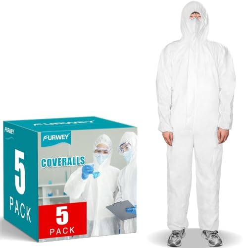 FURWEY Hazmat Suits 5 Pack Disposable Protective Coveralls, with Elastic Wrists, Ankles and Hood, Available in 5 sizes by FURWEY
