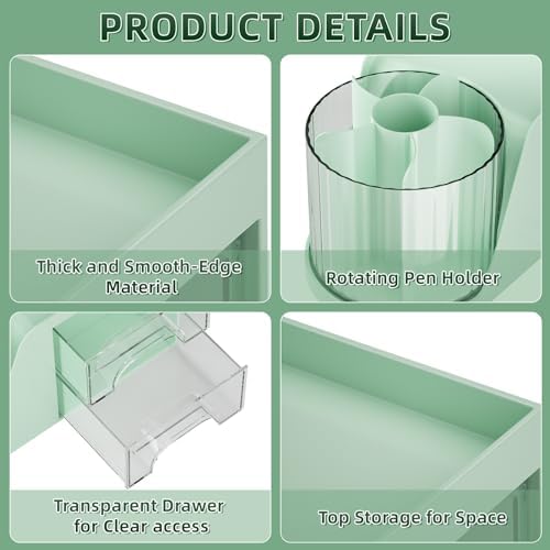 Marbrasse Desk Organizer with 2 Drawer, 360°Rotating Pen Holder, Desk Organizers and Accessories with 6 Slots Pencil Holder + 2 Drawer, Art Supply Storage Box Caddy for Office (Green) - Image 5