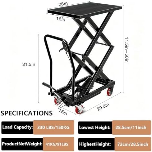 Hydraulic Lift Table Cart, 330 LBS Load Capacity 50 in Lifting Height, Manual Double Scissor Lift Table with Non-Slip Pad and 4 Wheels,Hydraulic Scissor Cart for Material Handling (330 LBS - Double) - Image 2