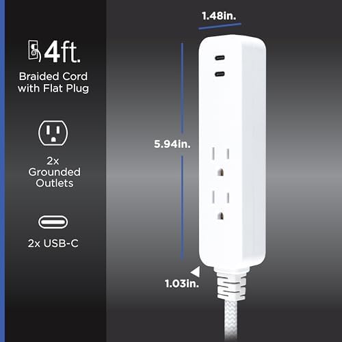 GE 2 USB C Extension Cord Power Strip, 2 Outlets, 4 Ft Braided Cord - Image 3
