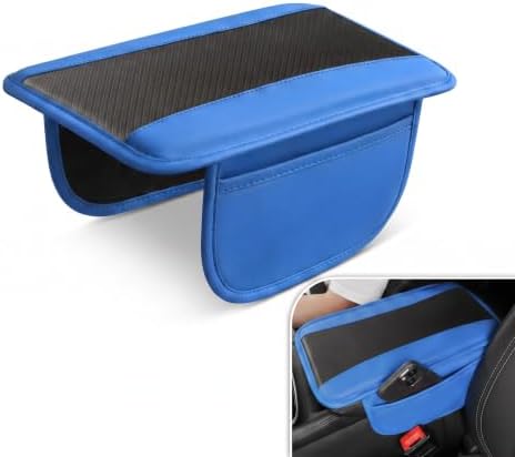 Car Center Console Organizer Cover, Carbon Fiber Texture Leather Armrest Cover with 2 Side Storage Pockets, Anti-Slip Elastic Console Pad, Car Interior Accessories for Most Cars (Blue) by Unknown