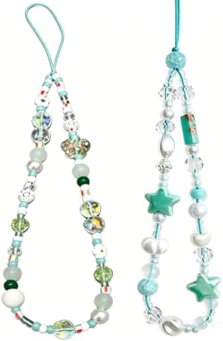 2 Pcs Phone Charm Strap Hand Wrist Strap Camera Lanyard Pearl Beaded Cute Chain String Accessories Universal for iPhone 17 Pro Max 16 15 14 for Samsung Women Girls Keychain Bag Green Flower and Star by Casecond