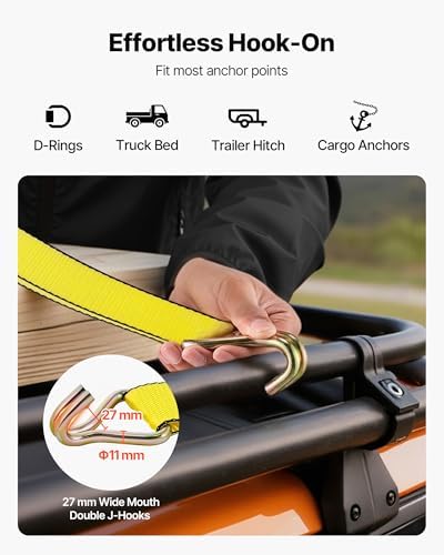 VEVOR Ratchet Tie Down Straps (4-Pack), 10000 lb Break Strength, Heavy Duty Double J Hooks, 2" x 27' with Padded Handles - Ideal for Moving, Securing Cargo, Appliances, Lawn Equipment, and More - Image 5