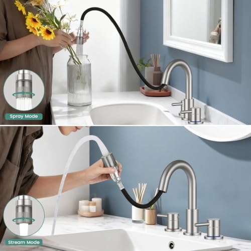 Bathroom Sink Faucet 3 Hole with Pull Down Sprayer, Brushed Nickel - Image 3