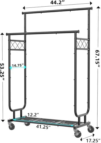 Ekisemio Heavy Duty Clothes Rack, Rolling Clothing Rack With Shelves Load 450 LBS, Double Rod Clothing Racks with Wheels for Hanging Clothes, Black - Image 3