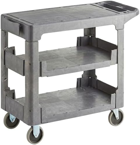 Commercial Gray Heavy Duty 3-Shelf Utility Cart with Flat Top Work Surface and Built-in Tool Compartment, 550lb. Capacity, 5" Casters, 38" x 18 3/4" x 32 1/4" - Perfect for Restaurant, Warehouse by Krollen+Industrial