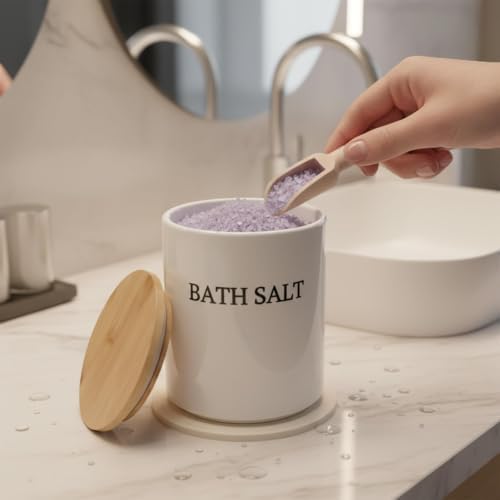 64oz Airtight Ceramic Bath Salt Jar Set - with Wooden Lid, Scoop & Anti-Slip Mat, Opaque Bathroom Storage Organization for Epsom Salt, Spa & Bath Bombs, White-M - Image 3
