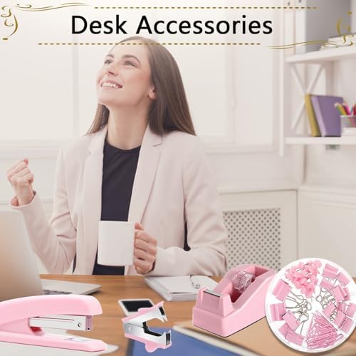 Office Supplies,Pink Desk Accessories, Stapler and Tape Dispenser Set for Women with Stapler,Tape Dispenser,Staple Remover,Staples,Clips,Scissors and Tabs,Gift for Students,Coworkers,Teacher,Business - Image 7