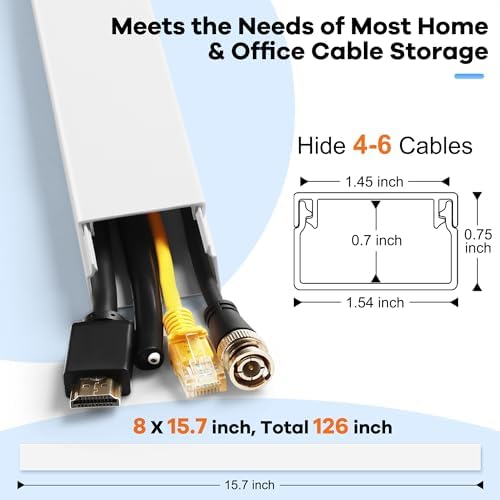 Cord Hider Kit 126in (8 x L15.7in) - ZhiYo Cable Covers for Wires on Wall, Wire Hider for Wall Mounted TV, White Cable Raceway, Paintable Cord Cover Cable Management for Home Office, W1.54in x H0.75in - Image 2