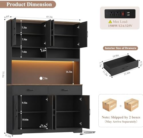HOSTACK 75" Tall Kitchen Pantry Storage Cabinet, 45" W Hutch Cabinet, Black - Image 3