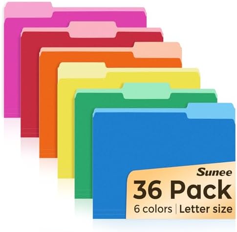SUNEE File Folders, 36 Pack Manilla Folders 8.5 x 11, Colored File Folders Home Office School Supplies for Documents Files Paper, 6 Assorted Colors by SUNEE