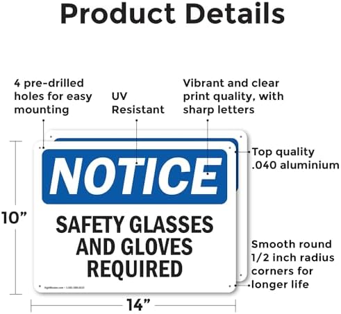 (2 Pack) Safety Glasses And Gloves Required OSHA Notice Sign 14 Inch X 10 Inch Indoor/Outdoor Rust-Free Aluminum Metal Signs for Workplace, Workshop, and Construction Site, Made in the USA - Image 2
