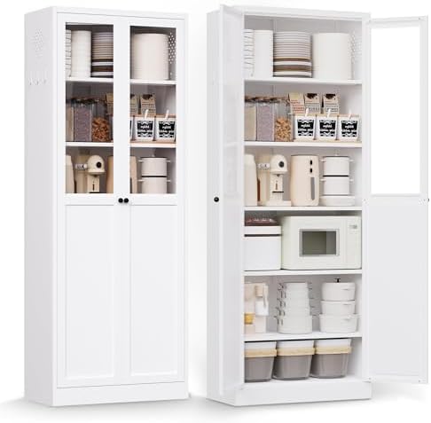 AQY Kitchen Pantry Cabinet,72" White Pantry Storage Cabinet with 5 Tire Adjustable Shelves and Glass Doors,Freestanding Cupboard,Metal Pantry Cabinets with Handle for Living Room,Assembly Required by AQY