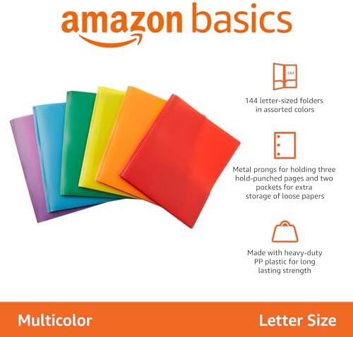 Amazon Basics Heavy Duty Plastic 2 Pocket Folder for Documents, Letter Size Paper, Assorted Colors, Pack of 144 - Image 2