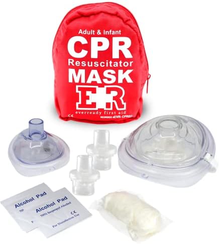 Adult and Infant CPR Mask Combo Kit – Includes 2 CPR Masks with One-Way Valves, Pair of Vinyl Gloves, 2 Alcohol Prep Pads – Portable Emergency CPR Kit – Red by EverReadyFirstAid