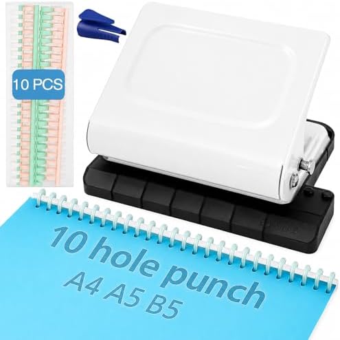 10 Hole Punch Binding Machine Kit for Planner (White) with 10 Multi-Color Spiral Coils, Adjustable A4 A5 B5 Paper Puncher, DIY Notebook Scrapbook Maker for Home Office School Organization by Unknown