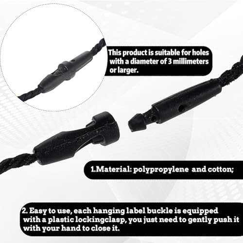 200Pcs 7.8 Inch/20cm Cotton Hang Tag String Fasteners, Hanging Rope Snap Lock Pin Loop Fastener Hook Ties Plastic Tags Ties for Clothes Tag, Price Tags, Shoes Snap Lock, Luggage Label (Black) - Image 3