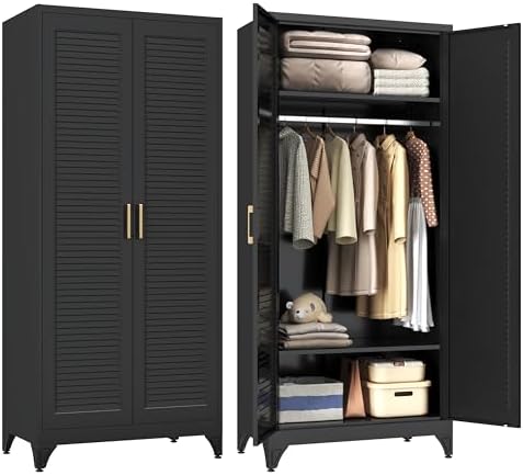 Steeloong 71"Armoire Wardrobe Close,Black Wardrobe Cabinet with Hanging Rod by Steeloong