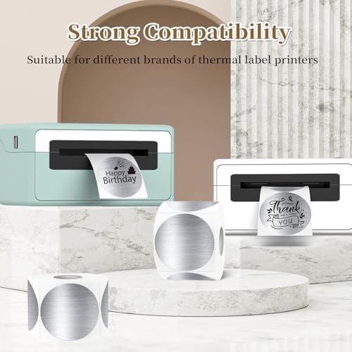 2 Inch Holographic Thermal Labels,Silver Round Thermal Printer Labels,Printable Round Thermal Printer Labels Self-Adhesive Direct Thermal Label(300pcs Brushed Silver) - Image 4