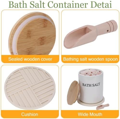 64oz Airtight Ceramic Bath Salt Jar Set - with Wooden Lid, Scoop & Anti-Slip Mat, Opaque Bathroom Storage Organization for Epsom Salt, Spa & Bath Bombs, White-M - Image 2