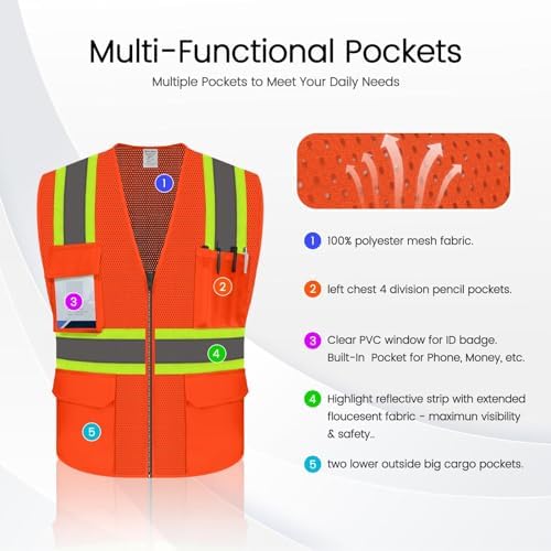 Safety Vest with Pockets, Hi Vis Construction Vest, Orange, S - Image 3