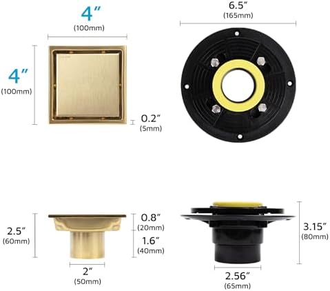 Square Shower Drain with Flange, 4 Inch, Brushed Gold, 2-in-1 Grate - Image 2