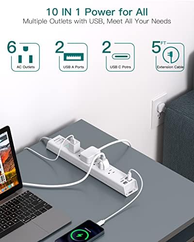 Power Strip Surge Protector with USB C - Flat Plug Extension Cord - Image 3
