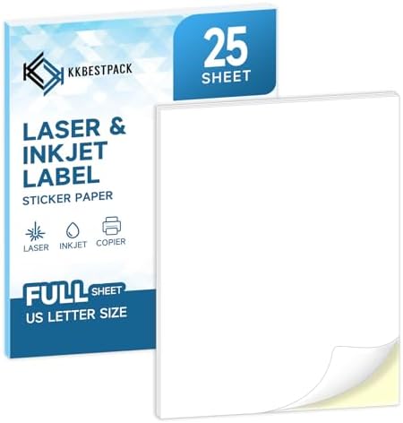 Full Sheets Sticker Paper – 25 Sheets, 8.5" x 11" Letter Size, for Inkjet & Laser Printers by KKBESTPACK