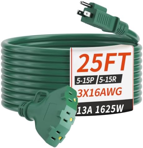 PlugSaf 25 FT 16/3 Outdoor Extension Cord with Multiple Outlets Green by PlugSaf