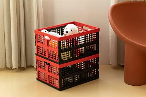 Eslite 34L Large Plastic Folding Storage Crates,Collapsible Crates for Storage,Pack of 3 (Black+Red) - Image 6