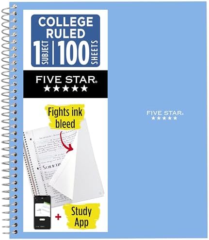 Five Star Spiral Notebook + Study App, 1 Subject, College Ruled Paper, 8.5" x 11", 100 Sheets, Blue (Color May Vary) (72565) by FiveStar