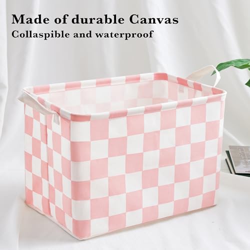 Ohocut Pink White Checkered Canvas Basket, Rectangular Organizing Decorative Storage Basket for Kids Dog Toy, Cute Aesthetic Race Cars Boy Room Decor for Home, Kitchen, Bedroom, Classroom, Shelves - Image 5