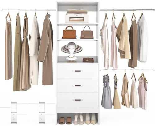 Besiost 96'' Closet Organizer System with 3 Hanging Rods, 8FT Closet Organizers and Storage with 3 Wooden Drawers, Built in Closet Organizer Systems, Adjustable Walk-in Wardrobe from 5-8FT, White by Besiost