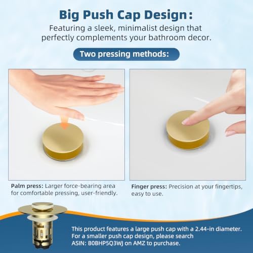 Hibbent 2 Pack Upgraded 3 in 1 Bathroom Sink Drain Strainer, Pop Up Sink Stopper with Big Cap, Anti-Clogging Metal Filter Basket,Sink Plug with Hair Catcher for 1.1''~2.36'' Basin, Brushed Gold - Image 6