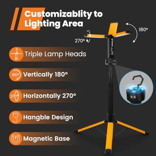 Rechargeable Work Light with Stand, GoGonova Cordless Work Light with Triple LED Lamps, 8AH Battery, 700/1200/2200 Lumen, 4000/6500K Dimmable Camping Light with Detachable Tripod（Yellow） - Image 2