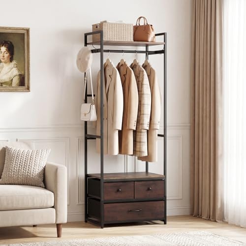 Tangkula Freestanding Small Clothes Rack, Heavy Duty Coat Rack with Drawers, Shelves, Hooks & Hanging Rod, Metal Closet Organizer Garment Rack, Industrial Hall Tree for Entryway, Hallway, Bedroom - Image 3