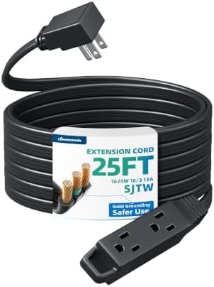 DEWENWILS 25FT Flat Extension Cord 3 Outlet, 16/3, Black, ETL Listed by DEWENWILS